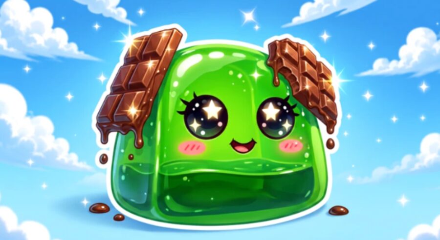 +1 Crunchy Wax Escape — green jelly character with chocolate